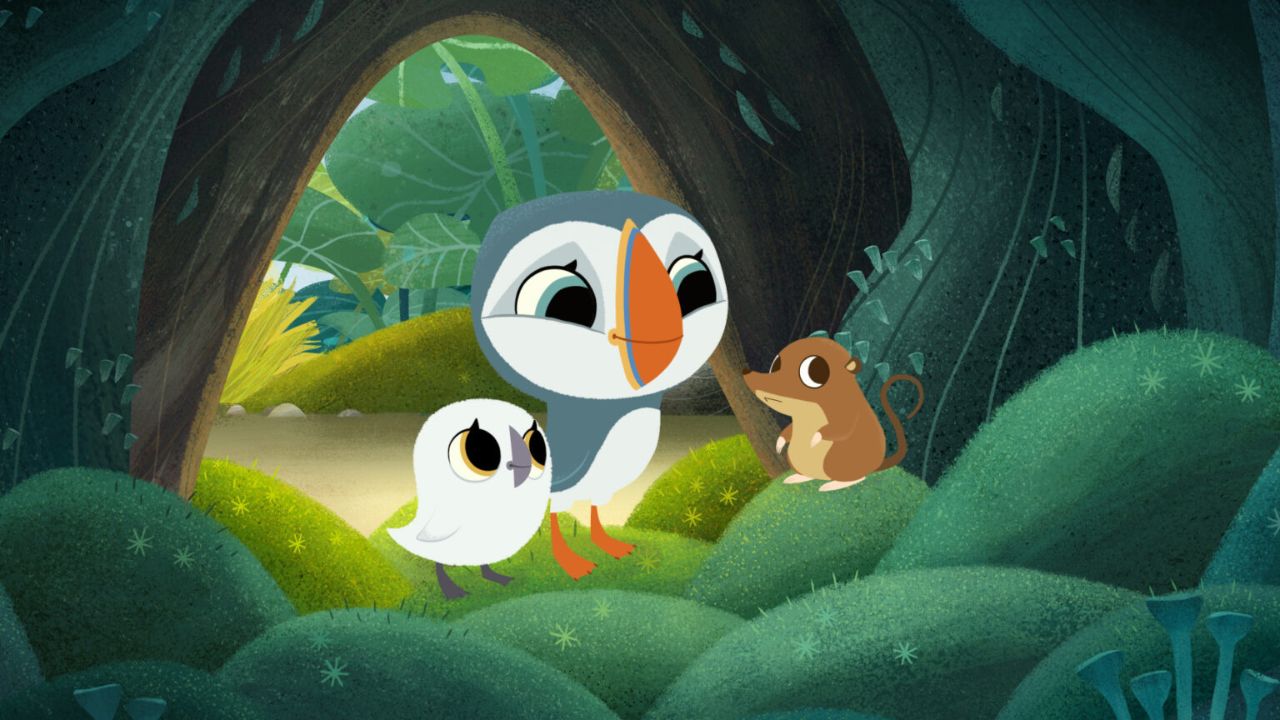 Scene from Puffin Rock, an animated series for learning English vocabulary