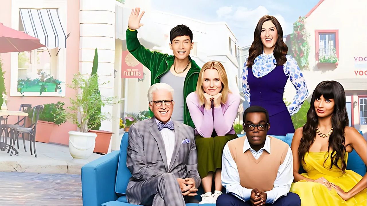 Scene from The Good Place, a comedy series for English practice